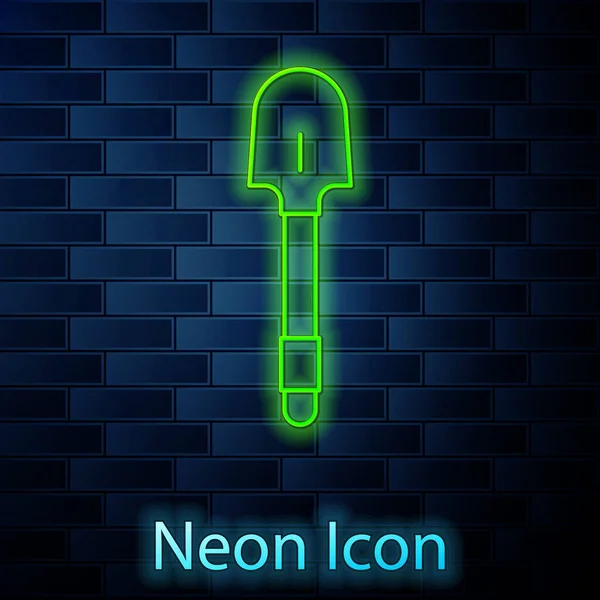 Ragyogó neon vonal Lapát ikon elszigetelt téglafal háttér. Kertészeti eszköz. Kertészeti, mezőgazdasági, mezőgazdasági eszköz. Vektor — Stock Vector