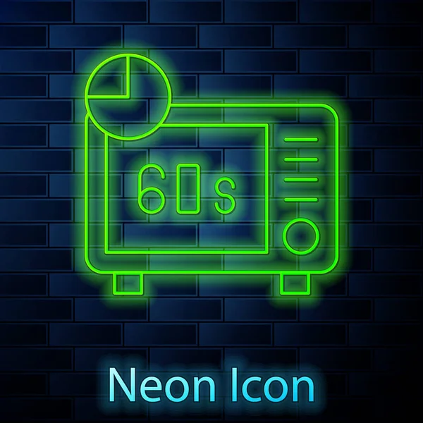 Brillante línea de neón icono horno microondas aislado en el fondo de la pared de ladrillo. Icono de electrodomésticos. Vector — Vector de stock