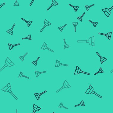 Siyah çizgi süpürge sapı simgesi yeşil arkaplanda izole edilmiş pürüzsüz desen. Temizlik hizmeti konsepti. Vektör