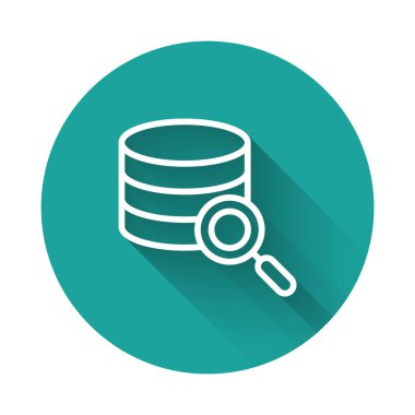 Beyaz çizgi sunucusu, Data, Web sunucu simgesi uzun gölge arkaplanı ile izole edildi. Yeşil daire düğmesi. Vektör