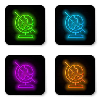 Parlayan neon çizgisi Dünya ikonu beyaz arka planda izole edildi. Siyah kare düğme. Vektör
