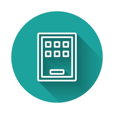 Beyaz çizgi Grafik tableti simgesi uzun gölge arkaplanı ile izole edildi. Yeşil daire düğmesi. Vektör