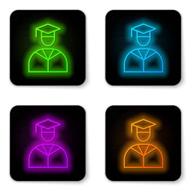 Parlak neon hattı mezuniyeti ve mezuniyet şapkası simgesi beyaz arka planda izole edildi. Siyah kare düğme. Vektör