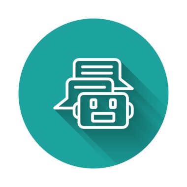 Beyaz çizgi Sohbet robotu simgesi uzun gölge arkaplanı ile izole edildi. Chatbot simgesi. Yeşil daire düğmesi. Vektör
