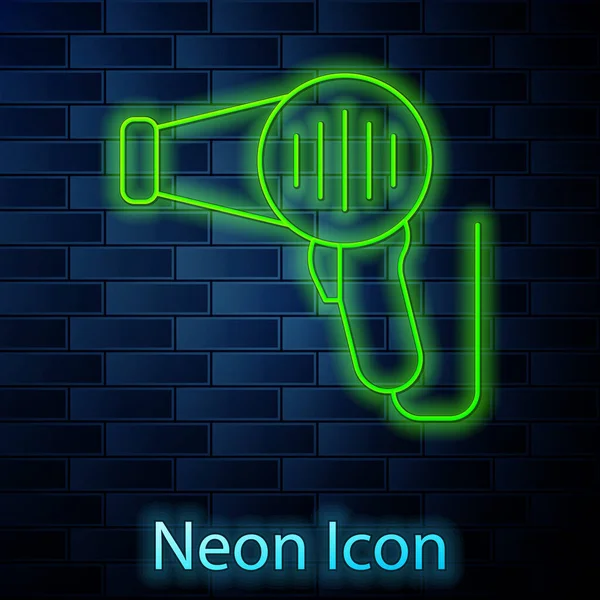 Gloeiende Neon Lijn Haardroger Pictogram Geïsoleerd Baksteen Muur Achtergrond Haarbordje — Stockvector