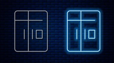 Parlayan neon hattı buzdolabı ikonu tuğla duvar arka planında izole edilmiş. Buzdolabı buzdolabı. Ev aletleri ve aletler. Vektör