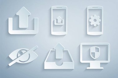 Gelen Kutusunu Görünmez Akıllı Telefon 'a yükle ya da Monitör' ü ve Akıllı Telefon 'u yükleme ve simgeyle gizle. Vektör.