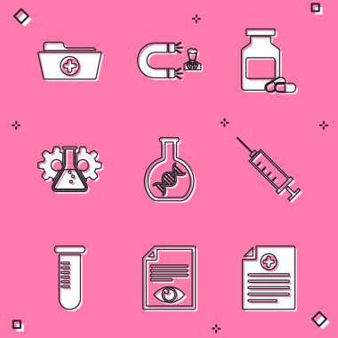 Sağlık rekoru klasörü. İlaç şişesi ve hapları çeken müşteri. Biyomühendislik DNA araştırma ve şırınga ikonu. Vektör.