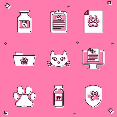 Köpek ilacı şişesi, köpek kedi veteriner dosyası için klinik kayıt cihazı sertifikası ve monitör simgesi ayarla. Vektör.