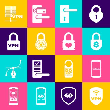 Kalkan 'ı VPN kablosuz mobil ve parola kilitli kapı kolu kasa şifresi ve kilit simgesi ile ayarla. Vektör.