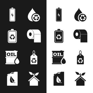 Tuvalet kağıdı rulo bataryasını geri dönüşümlü temiz su yağı fıçısı etiketli ev ve biyoyakıt kutusu ikonu ile ayarlayın. Vektör.