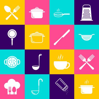 Mutfak kevaşesi kevaşe kızartma kaşığı ve bıçak ikonu hazırla. Vektör.