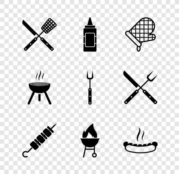 Set Crossed knife and spatula Mustard bottle Oven glove Grilled shish kebab Barbecue grill Hotdog sandwich and fork icon. Vector.