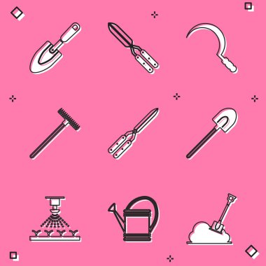 Bahçe maça küreği ya da bahçe küreği, el yapımı makas, tırmık, otomatik sulama fıskiyesi ve su kutusu ikonu. Vektör.