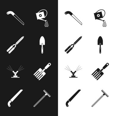 Bahçe maça kürek ya da bahçe yapımı el yapımı makas sulama tenekesi otomatik sulama fıskiyeleri çatal tırmık ve simgesini ayarlayın. Vektör.