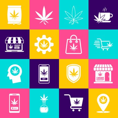 Konum ve marihuana marihuana dükkanının alışveriş arabasını yaprak Test tüpü ile ayarla. Tohum ve simge satın alıyorlar. Vektör.