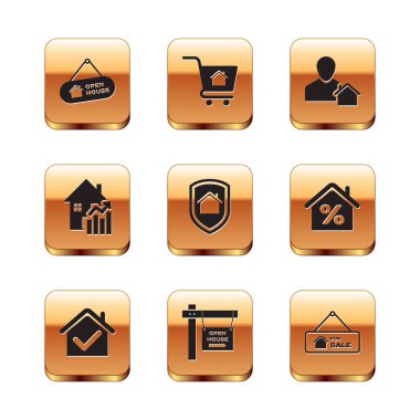 Satılık Emlakçı ve Alışveriş Arabası ikonu 'nun artan maliyeti koruma altına alındı. Vektör.