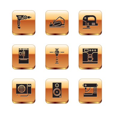 Elektrikli matkap, klima hoparlörü, inşaat matkabı, buzdolabı ve yapboz simgesini ayarla. Vektör.