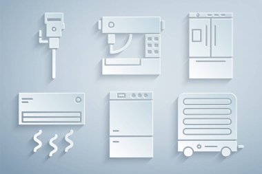 Buzdolabı kliması elektrikli ısıtıcı dikiş makinesi ve inşaat matkabı ikonu ayarla. Vektör.