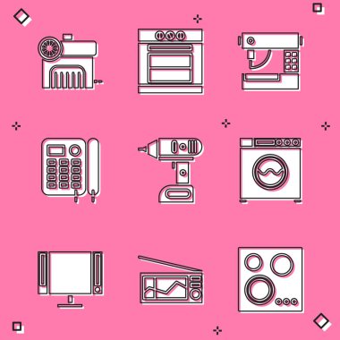 Hava kompresörü fırın dikiş makinesi telefon kablosuz tornavida ve çamaşır makinesi simgesini ayarla. Vektör.