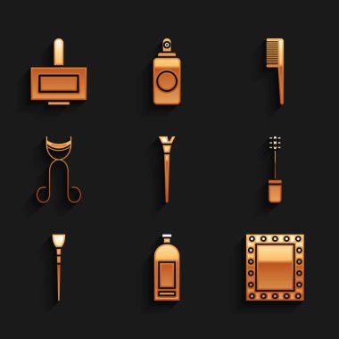 Makyaj fırçası şampuan aynasını Mascara Kirpik saç fırçası ve tırnak cilası ikonu ile ayarla. Vektör.