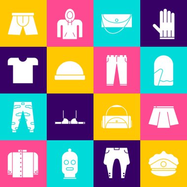 Polis şapkasını papağan etekli, debriyaj eldivenli Beanie şapkalı, erkek külotlu ve pantolon ikonlu ayarla. Vektör.