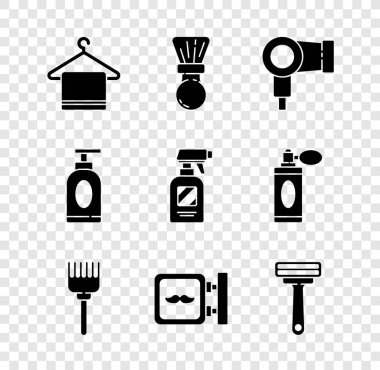 Havluyu, saç fırçası, saç fırçası, saç fırçası, berber, tıraş kremi, makyaj losyonu ve kuaför tabancası sprey ikonu üzerine koyun. Vektör.