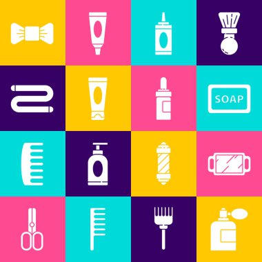 Tıraş losyonunu, köpüklü sabun köpüğü şampuan kremi kozmetik tüp havlu kravat ve sakal bıyığı yağ ikonuyla birlikte ayarla. Vektör.