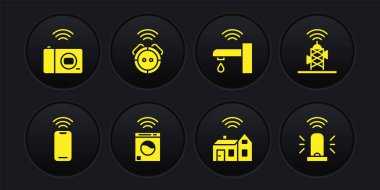 Kablosuz akıllı telefon anten akıllı çamaşır makinesini kablosuz su musluğu robotu elektrikli süpürge teşhircisi ve fotoğraf makinesi ikonu ile donat. Vektör.
