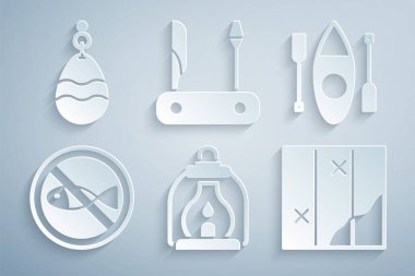 Kamp feneri, kano ya da kano, balıkçı haritası, İsviçre çakısı ve kaşık ikonu olmasın. Vektör.