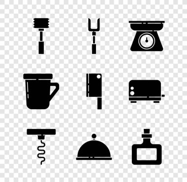 Mutfak çekici, ızgara çatalı, şarap, şişe sosu, kahve fincanı ve et dilimi ikonu ile kaplanmış tirbuşon. Vektör.