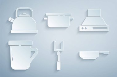 Barbekü çatalı mutfak sökücü fanı kahve fincanı kızartma tenceresi ve ikonlu kettle hazırla. Vektör.
