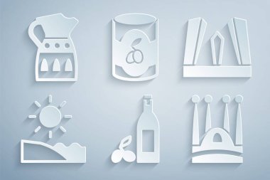 Bir şişe zeytinyağı koy Avrupa plajı Sagrada Familia Zeytinleri ve Sangria sürahi ikonu. Vektör.