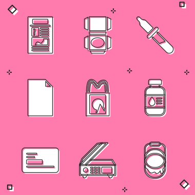 Haber Karton karton kutu Pipette Boş evrak çantası Printer mürekkep şişesi iş ve tarayıcı simgesi. Vektör.