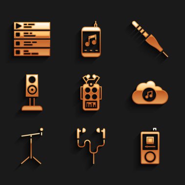 Mikrofon Hava Kulaklıklarını Stereo hoparlörü ve çalma listesi simgesi ile birlikte müzik çalar servisine ayarlayın. Vektör.