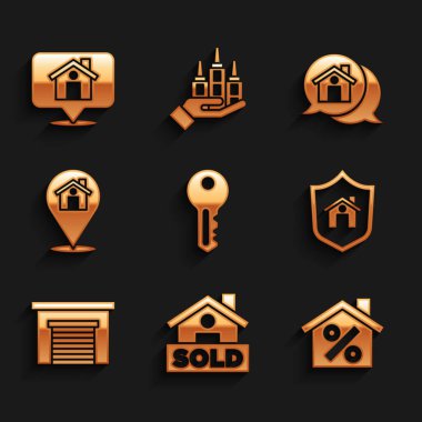 Ev Anahtarı Asma tabelasını satılan indirimli kalkan garaj lokasyonu emlak mesajı ve simgesi ile ayarla. Vektör.