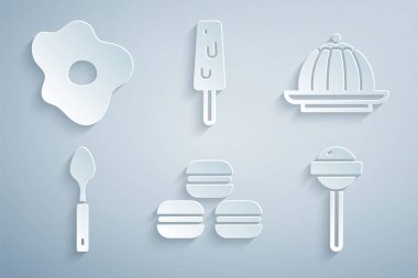 Makarna kurabiyeli muhallebi kaşıklı lolipop dondurma ve çırpılmış yumurta ikonu. Vektör.