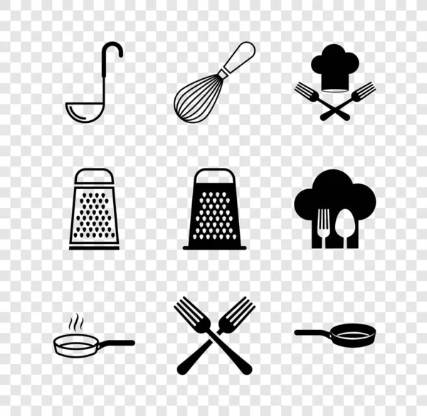 Set Kitchen Ladle Whisk Chef Hat Fork Frying Pan Crossed — Stock Vector