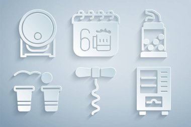 Şarap tirbuşonu şişe açıcı bira pong oyunu otomat Saint Patricks gündüz takvimi ve ahşap fıçı ikonu ayarla. Vektör.