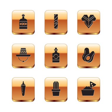 Tekila şişesi sıcak kırmızı biber kabuğu kaktüsü ya da Meksika sombrero Poncho Nachos kasesi ve sigara ikonuna sulu koyun. Vektör.