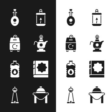 İslami çaydanlık bağışı yapın ya da Ramazan Ramazan-ı Kareem fenerinizi ödeyin. Bir şişe su kitabı, kutsal Kur 'an Masası yemeği ve cami kulesi minare ikonu. Vektör.