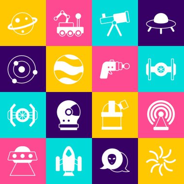 Kara delik Radar Kozmik gemisi Teleskop Gezegen Güneş Sistemi Satürn ve Ray silah ikonunu ayarla. Vektör.