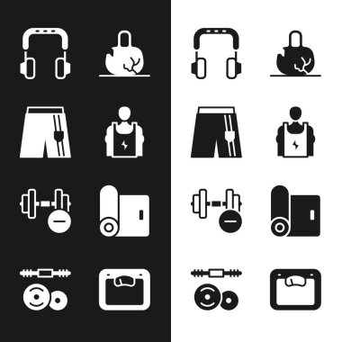 Vücut Geliştirici Kısaltması ya da Pantolon Kulaklığı Kırık Kilo Avanak Fitness minderi rulo banyo terazisi ve Barbell ikonu. Vektör.