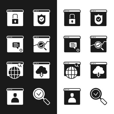 Web sitesini hisse senedi piyasası Yeni Sohbet Mesajları Bildirimi ile ayarla HTTPS SSL Tarayıcı kalkanı arama motorunuzu emniyete alın Büyüteç kontrolü indirin ve hesap ekranı simgesi oluşturun. Vektör.