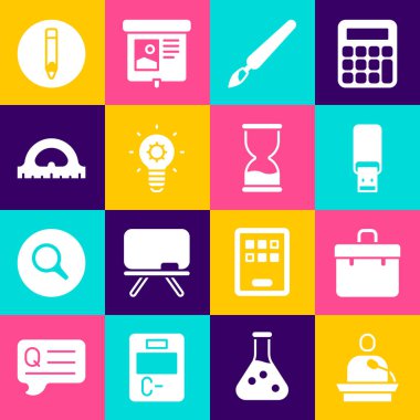 Veren Verici dersi USB bellek fırçası ampul ampul ızgarası Kalem ve Eski kum saati simgesi. Vektör.