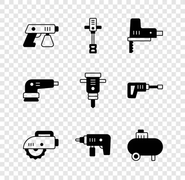 Set Verfspuitpistool Elektrische Handbetonmixer Decoupeerzaag Cirkelboormachine Luchtcompressor Schuurmachine Bouwdrilboor Icoon — Stockvector