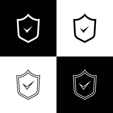 Siyah ve beyaz arkaplanda işaretleme simgesi olan kalkanı ayarlayın. Güvenlik, güvenlik, koruma, gizlilik kavramı. Kene izi onaylandı. Vektör