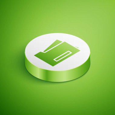 Isometric Yazıcı simgesi yeşil arkaplanda izole edildi. Beyaz daire düğmesi. Vektör