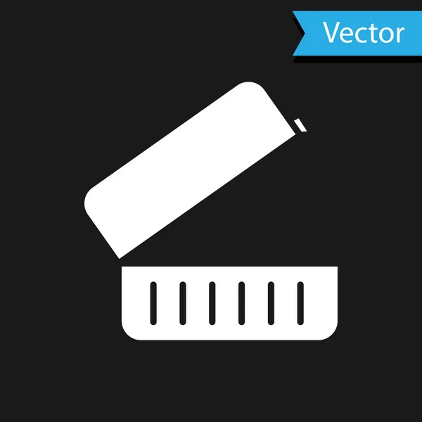 黒の背景に白のランチボックスのアイコンが隔離されています。ベクターイラスト — ストックベクタ