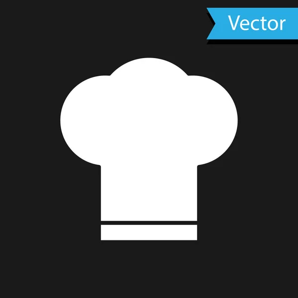 Icône chapeau chef blanc isolé sur fond noir. Symbole de cuisson. Chapeau de cuisine. Illustration vectorielle — Image vectorielle